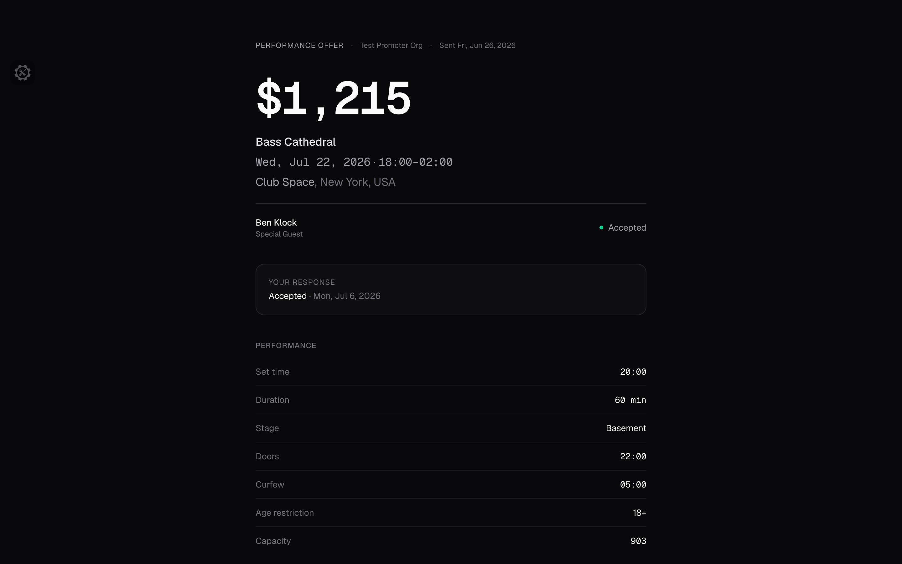 Backline offer page with the artist's fee, show details, and an accepted status