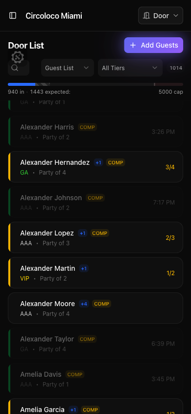 Backline door check-in on a phone: search, the guest list, and one-tap check-in