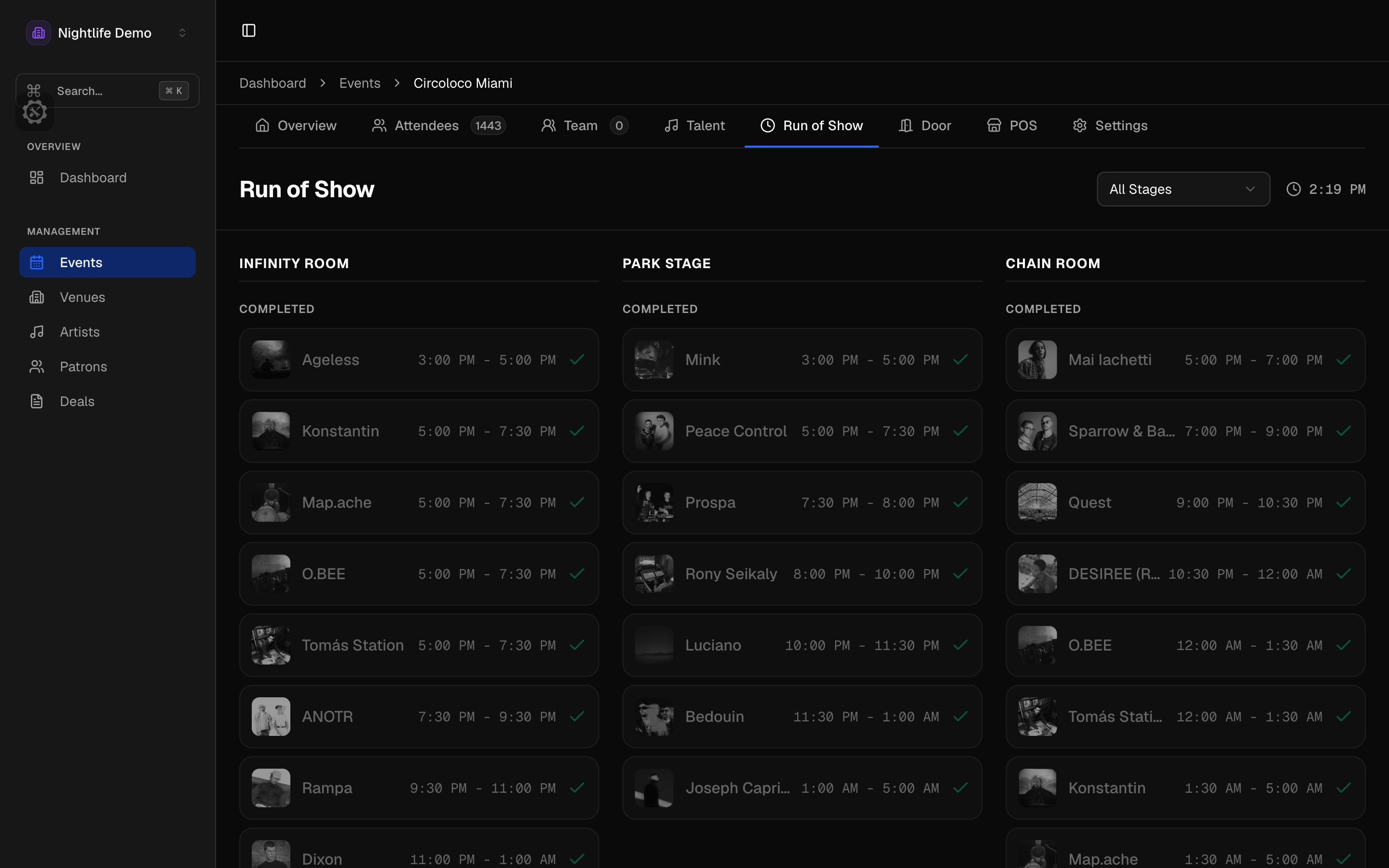 Backline run of show with artist set times and completion status across stages